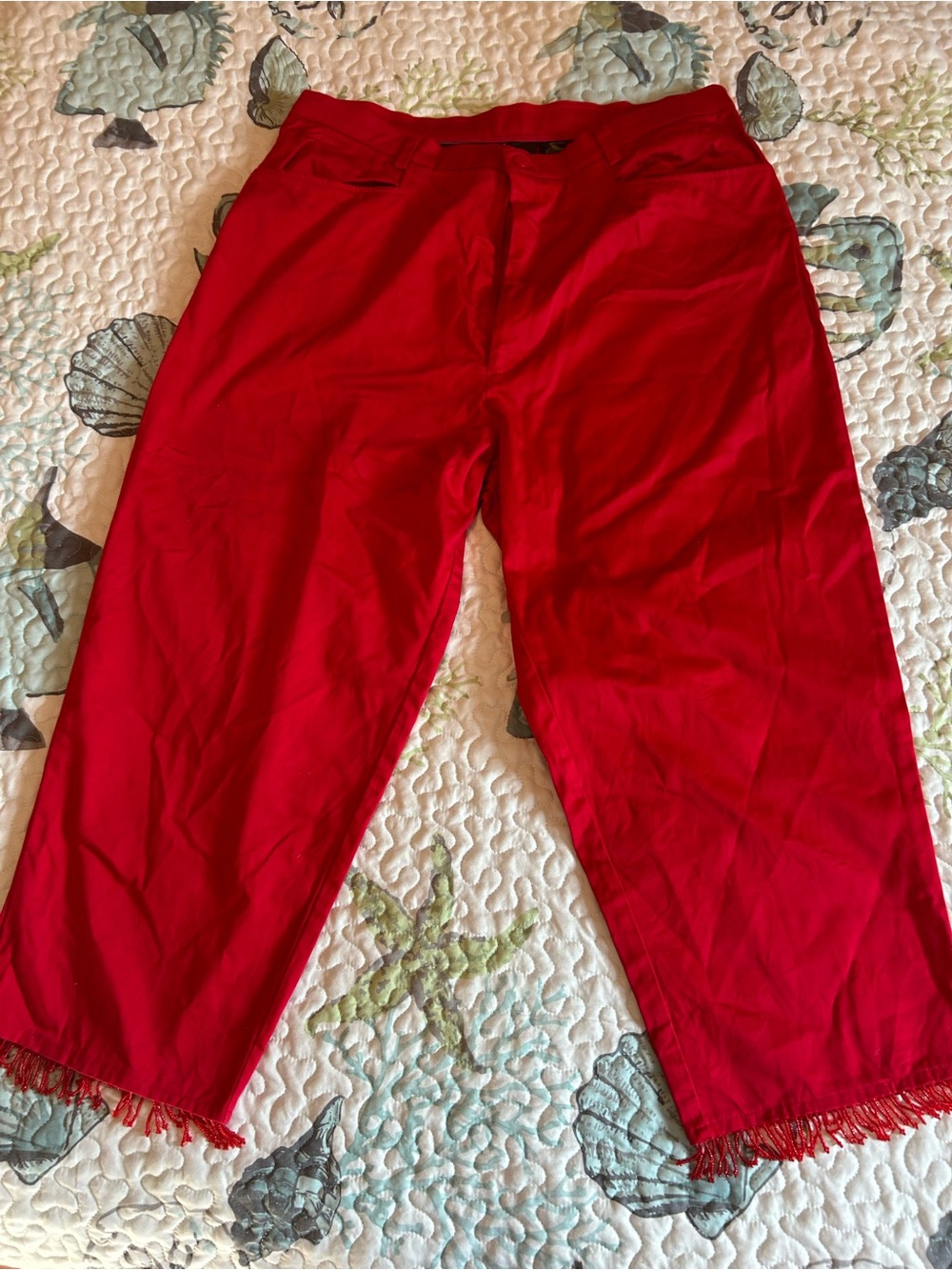 David Paul Women's Red Beaded Fringe Hem Capri Pants
